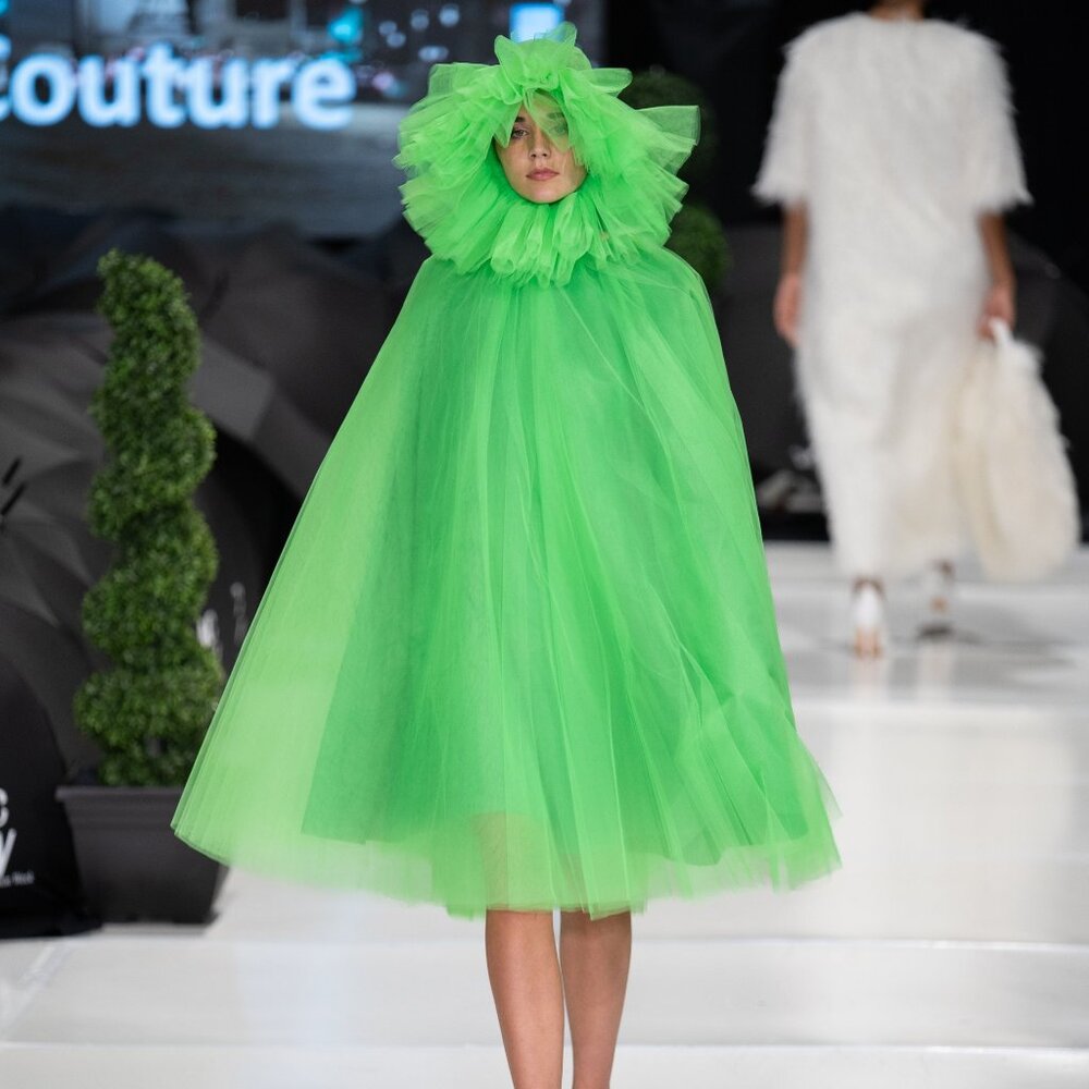 Avant-Garde Flowing Tulle Dress with Flower Hood